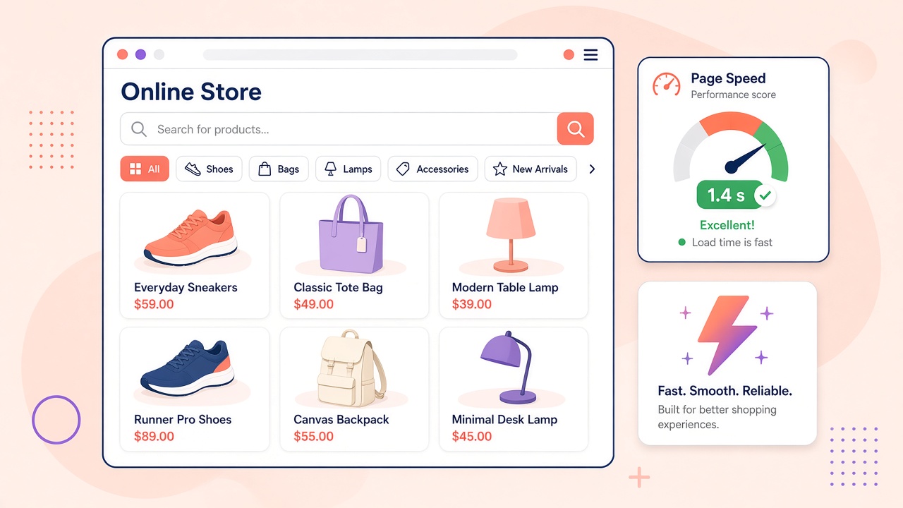 Illustration of an online store catalogue next to a page speed gauge showing 1.4 seconds