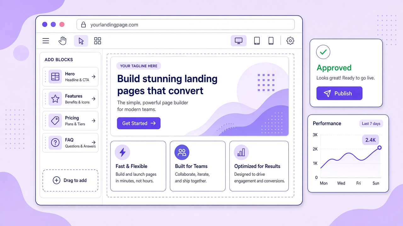Illustration of a block-based page builder with an approved and publish card and a performance chart