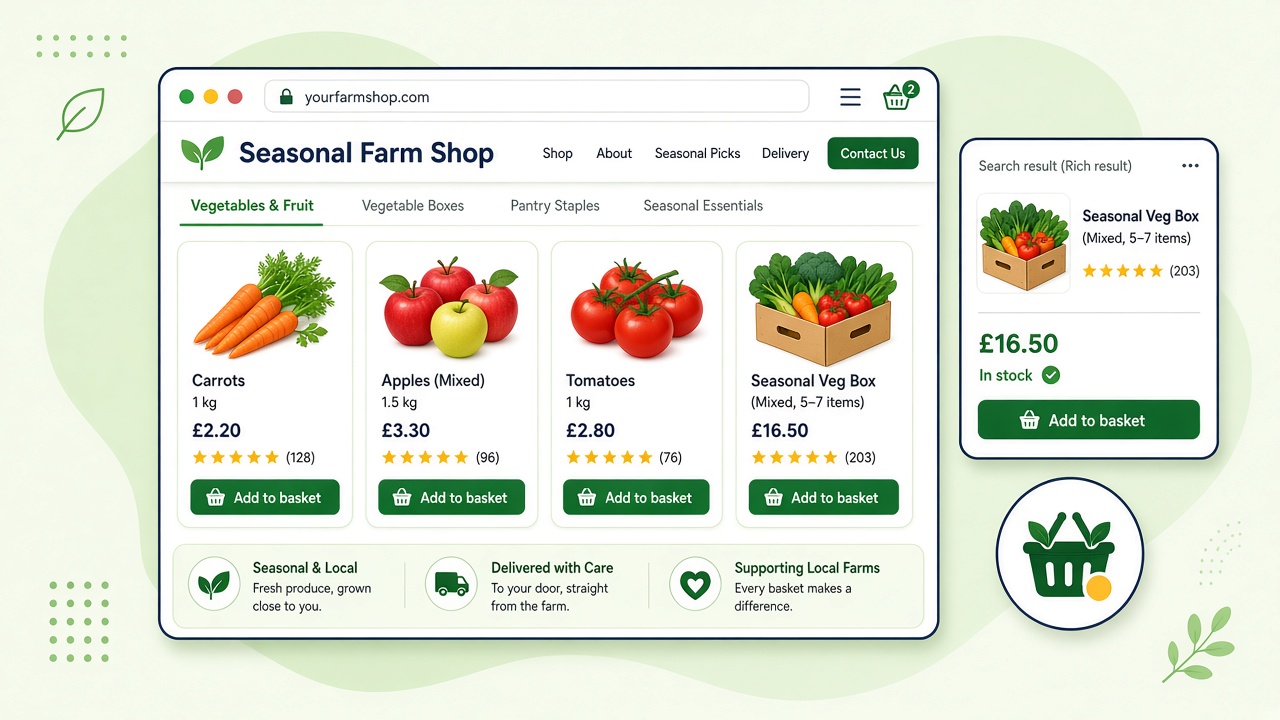 Illustration of a farm shop with vegetable products and a rich search result showing rating, price and stock