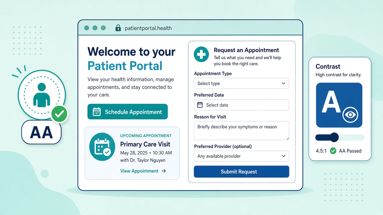 Illustration of a patient portal with an appointment form, an AA accessibility badge and a contrast check
