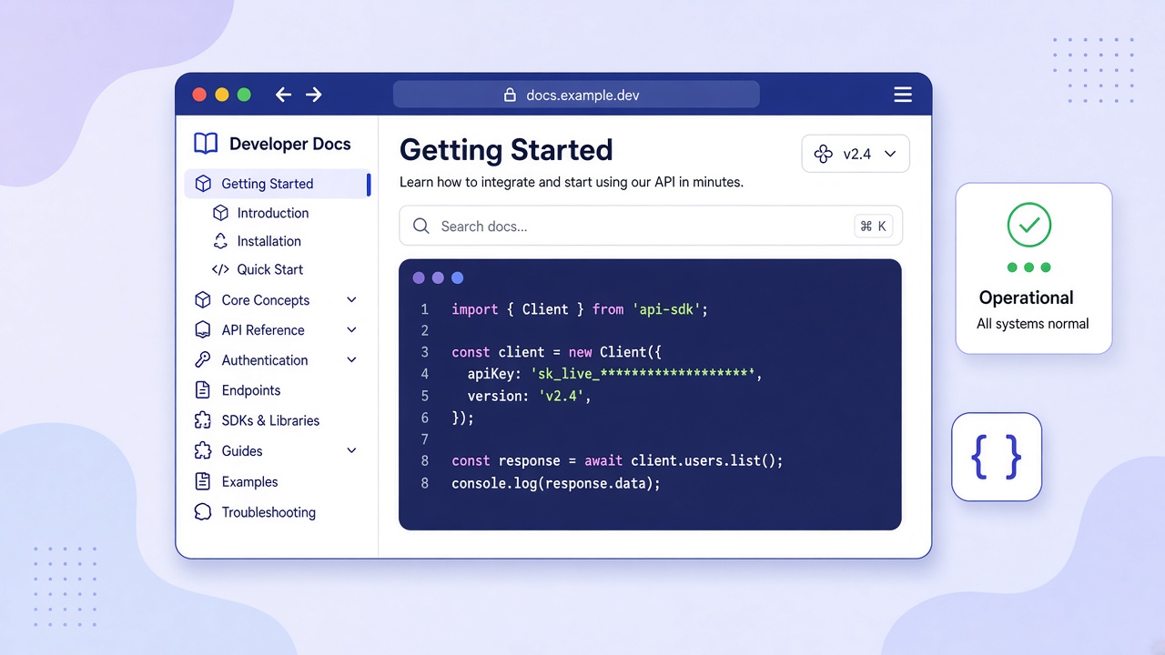 Illustration of a developer documentation site with a code sample, version picker and an operational status card